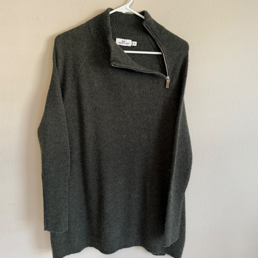 Vineyard Vines Merino Wool Alpaca Mock Neck Asymmetrical Zip Sweater M